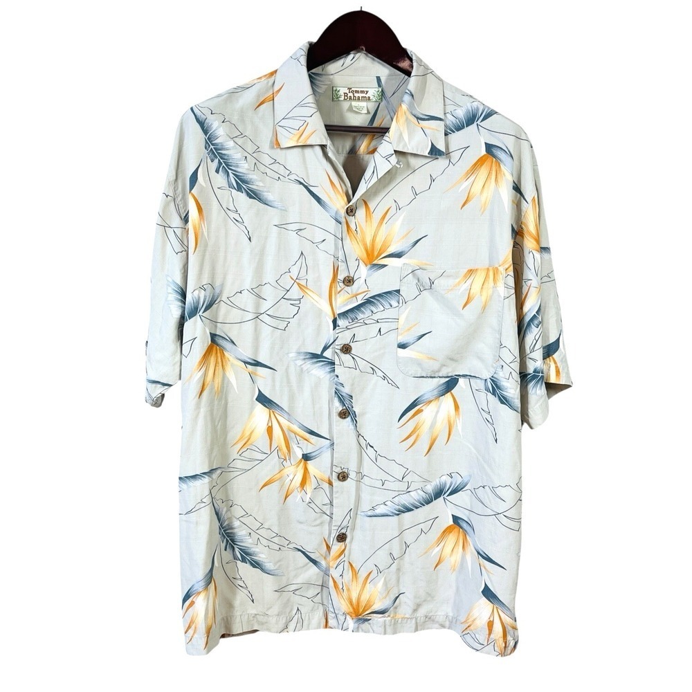Tommy Bahama Camp Shirt Mens L 100% Silk Birds of Paradise Loop Collar Hawaiian